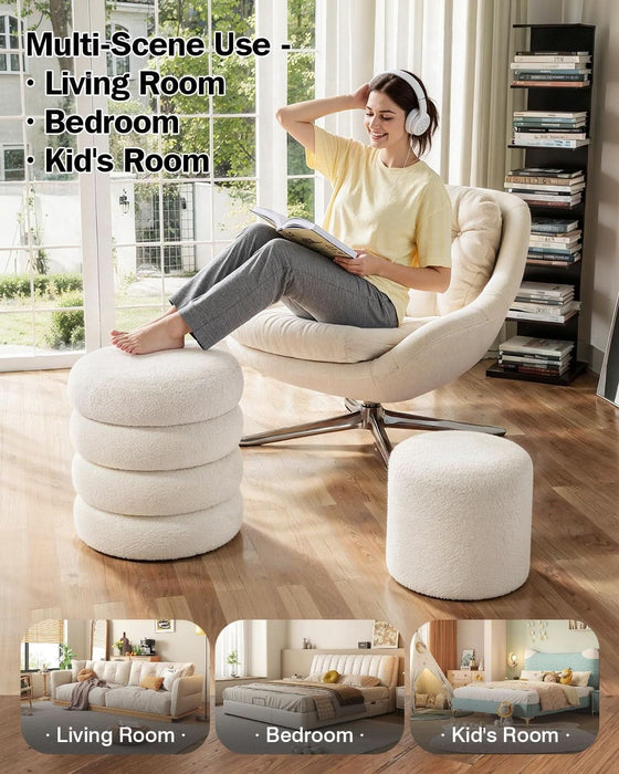 Round Set of 2 Sherpa Storage Ottoman Stool Boucle Vanity Stool Footstool with Removeable Lid Load up to 440 Lbs for Livingroom Bedroom White UASND68W