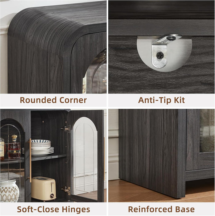 65" Sideboard Buffet Cabinet with Arched Glass Doors, Dark Gray | Modern Wood Sideboard, Spacious Storage Credenza, Adjustable Shelves, Living Room Accent Cabinet, Dining Room & Entryway Use
