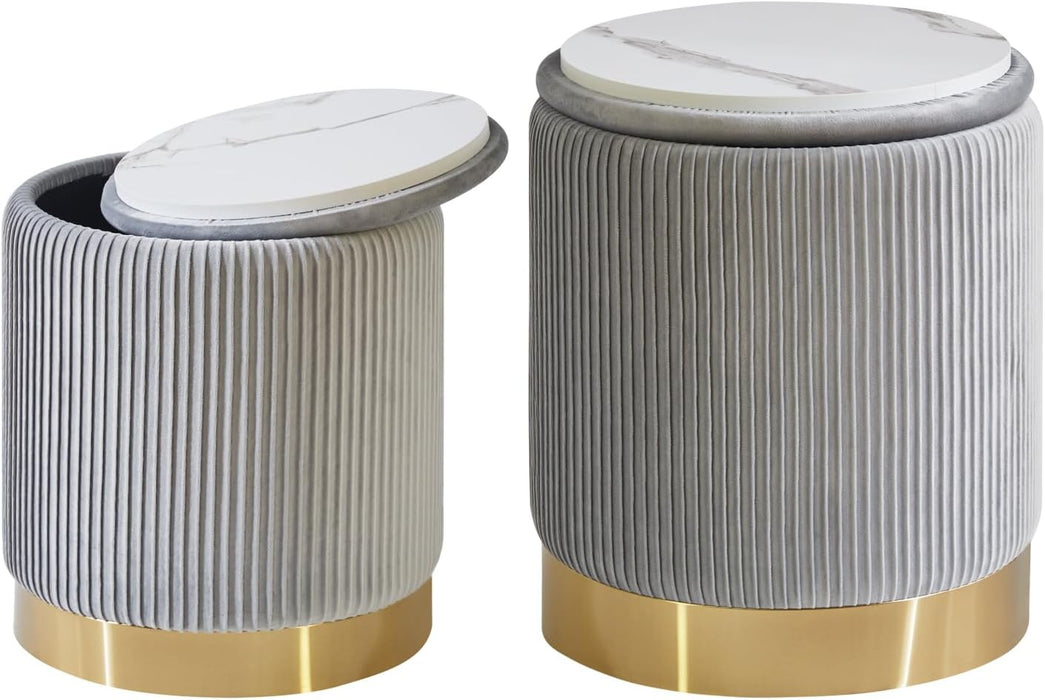 round Storage Ottoman Set of 2 Ottoman for Dorm Vanity Stool with Storage Velvet Footstools End Table Boucle Ottoman for Home Organization Gray UWBD016G