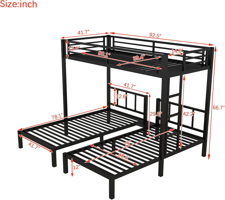 Triple Bunk Bed for Kids, Detachable Metal Twin over Twin over Twin Bunk Bed with Guardrails, Built-In Ladder, Shelf, Converts to 3 Separate Twin Beds, Easy Assembly, Black