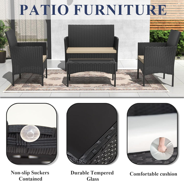 4 Pieces Patio Conversation Set Outdoor Rattan Patio Furniture Set Wicker Chairs with Soft Cushion and Glass Table for Patio, Backyard, Porch, Poolside(Sand)