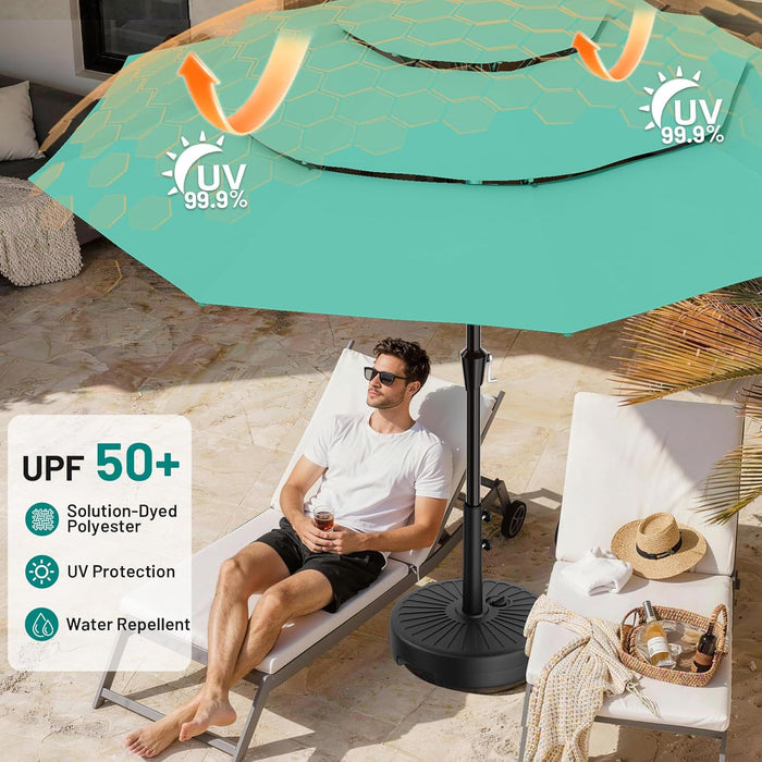 9Ft 3-Tier Patio Umbrellas, Outdoor Umbrella with 8 Sturdy Ribs UV Protection Windproof, Market Table Umbrella W/Push Button Tilt & Crank for Pool, Porch, Deck, Garden(Aruba Blue)