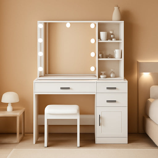White Vanity Desk with Lighted Mirror