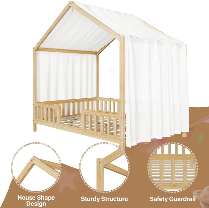 Full Montessori Floor Bed With Canopy NaturalWalnut