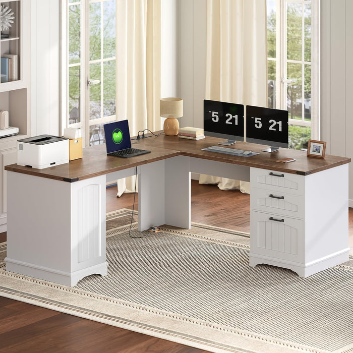 Farmhouse L Shaped Computer Desk, Computer Desk with Power Outlets, 59" Corner Office Desk with Filing Cabinet & Adjustable Shelves, for Home Office, Study, White and Walnut WH150UDN01