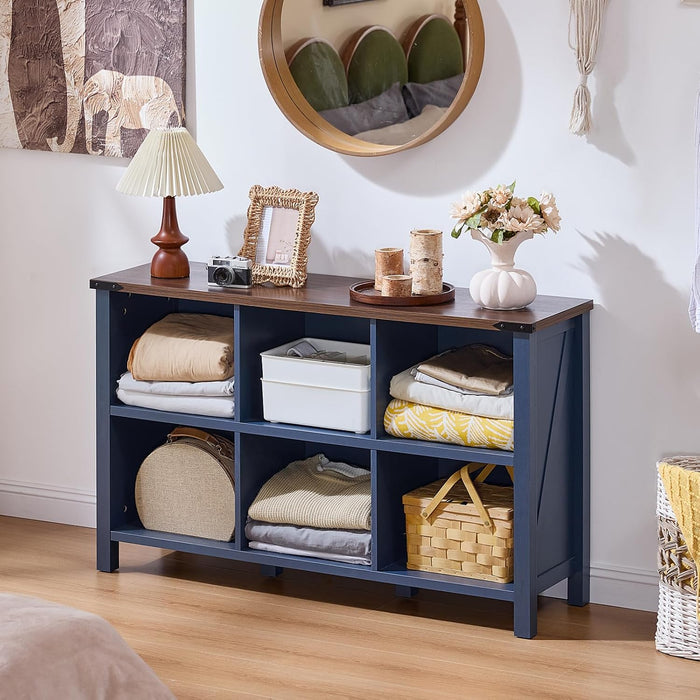 6 Cube Bookcase, Farmhouse Wood Low Storage Organizer Book Shelf, 47" Horizontal Navy Blue Console Bookshelf with Legs, Hallway Book Case for Entryway, Display Cabinet for Living Room, Office