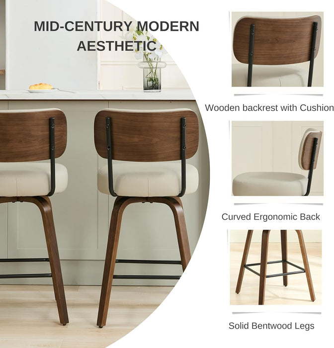 Swivel Bar Stools Set of 3, 26" Counter Height, Beige Grey | Walnut Wood Legs, Upholstered Seat, Supportive Backrest, Easy-Clean Faux Leather, Mid-Century Modern, 4-Inch Cushion