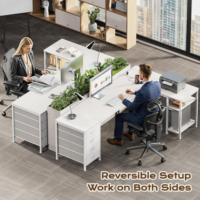 63 Inch L Shaped Desk with Fabric Drawers, Reversible Computer Gaming Desk with Power Outlets and USB-C Port, Adjustable Side Storage Shelves, for Work Study Corner Home Office, White