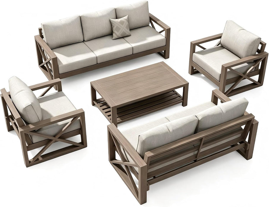 Aluminum Patio Furniture Set, 8 Pieces Modern Metal Outdoor Furniture, Faux Wood Grain Finish Frame Patio Sofa Sets with 6" Cushion for Backyard, Beige (Included Waterproof Covers)