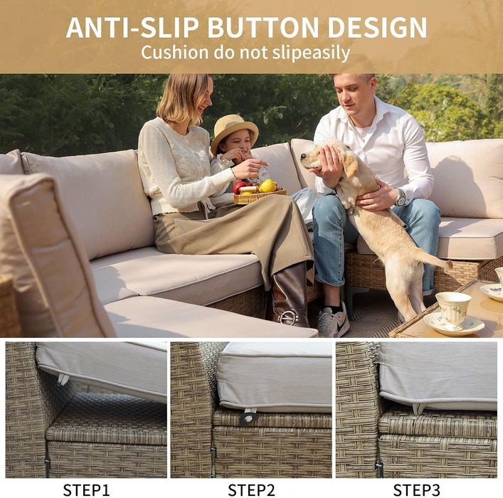 5 Piece Wicker Patio Furniture Set,Outdoor Conversation Sectional Sofa W/Coffee Table,All-Weather Outdoor Sofa with Thick and Anti-Slip Cushions for Deck,Poolside,Garden,Beige