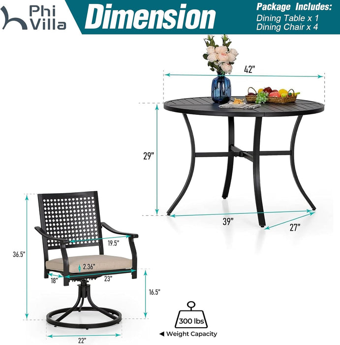 Outdoor Modern round Dining Table Set for 4 Dining Swivel Chairs Patio Furniture Set of 5, Metal Patio Circle Table with Umbrella Hole & Wrought Iron Dining Chairs with Cushion Backyard