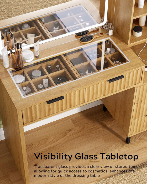 Fluted Makeup Vanity Desk with 31.5" HD Lighted Mirror, Modern Dressing Table with 5 Drawers, Shelves and Glass Top for Bedroom, Natural Oak