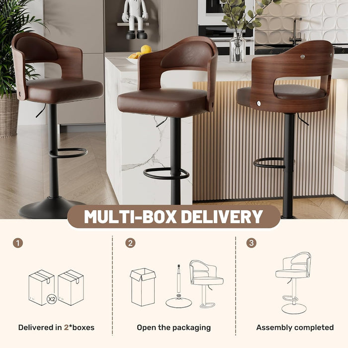 Swivel Bar Stools Set of 3,Bentwood Adjustable Height Barstools | Upholstered Seat,Easy-Clean PU Leather,Back& Footrest, Mid Century Modern Bar Chair for Counter, Kitchen Island, Brown