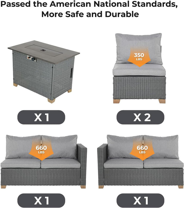 5 Pieces Wicker Outdoor Furniture Set,Patio Furniture Set with CSA Certification Fire Pit Table,Modular Sectional Sofa Sets with Olefin Cushions, 50,000 BTU Heat Output (Light Gray)