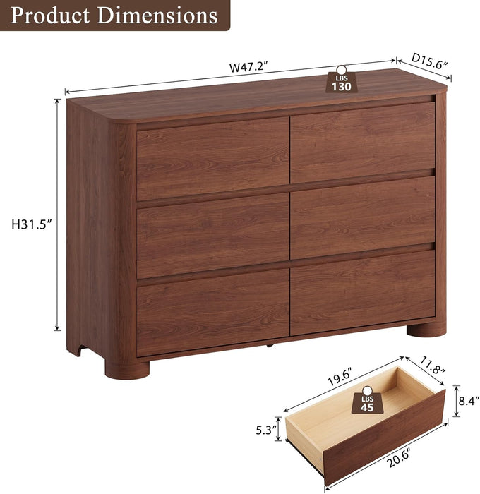 Walnut Dresser for Bedroom with 6 Drawers, 47" W Modern Chest of Drawers with Unique Thickened Foot, Rounded Corner Design, Wooden Dresser Organizer for Bedroom, Living Room, Hallway