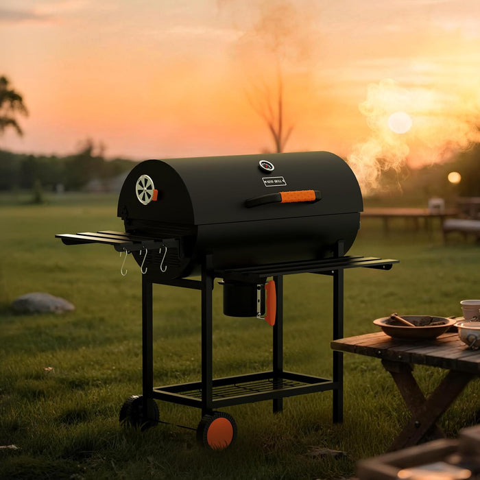 29-Inch Barrel Charcoal Grill, Heavy Duty BBQ Grill with Manual Rotisserie Meat Fork, Detachable Windproof Ash Collector Barbecue Smoker Grill Combo for Backyard, Patio and Parties ﻿