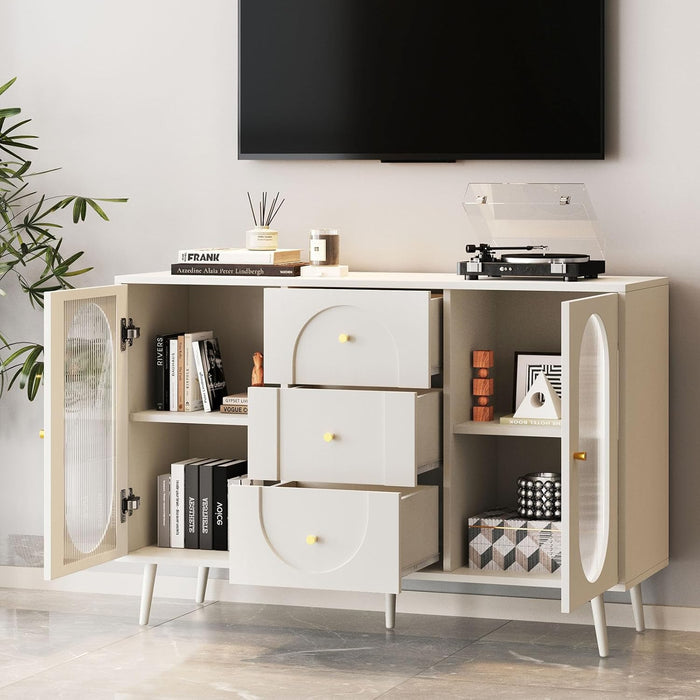 Farmhouse Buffet Cabinet with Storage and 3 Drawers, Mid-Century Modern Fluted Glass 2-Door Sideboard Cabinet, Elegant Credenza Storage Solution for Dining Room or Living Area 47.2 Inch White