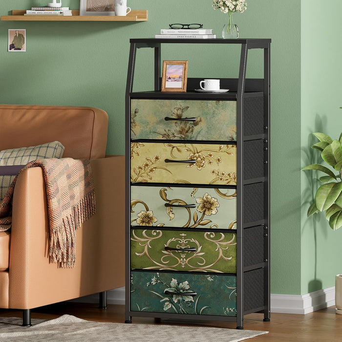 Retro 5 Drawers Dresser, Tall Dressers for Bedroom, Closet, Hallway, Nursery, Fabric Storage Tower Organizer, Vertical Nightstand Side Table Furniture, Steel Frame, Wood Top