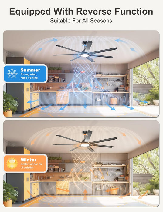 72'' Large Ceiling Fan with Lights, High CFM Industrial Ceiling Fan with Remote/App, 7 Aluminum Blades, Dimmable, for Outdoor Patio, Shop, Garage, Black