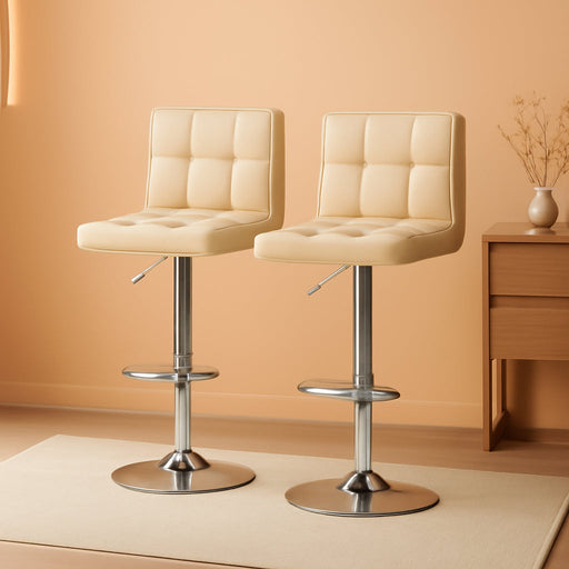 Bar Stools Modern PU Leather Adjustable Swivel Barstools, Armless Hydraulic Kitchen Counter Bar Stool Extra Height Square Island Barstool with Back Set of 2 (Leather, Beige)