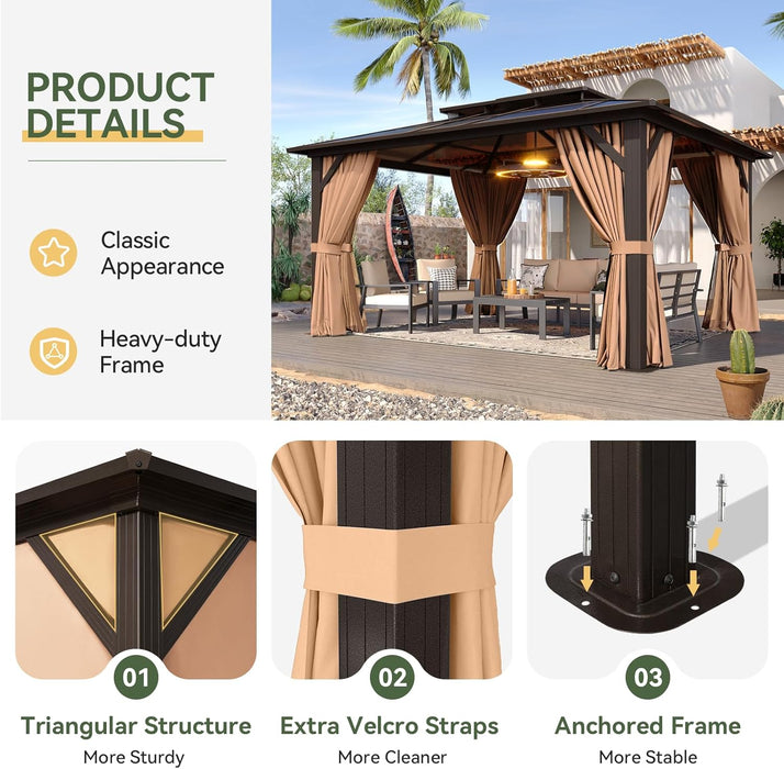 12'X10' Hardtop Gazebo, Aluminum Frame Permanent Pavilion with Curtains and Netting, Outdoor Polycarbonate Double Roof Canopy, Designed for Garden, Lawns, Patio, Brown