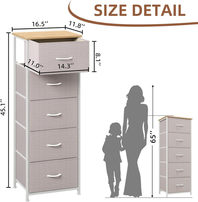 Tall Dresser for Bedroom with 5 Drawers, Storage Organizer Chest of Drawers with Removable Fabric Bins for Closet Bedside Living Room Laundry Entryway Hallway, Ash Grey