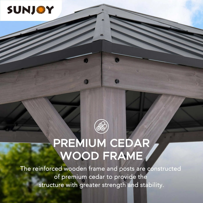 SUNJOY 13 Ft. X 15 Ft. Cedar Framed Gazebo with Black Steel and Polycarbonate Hip Roof Hardtop