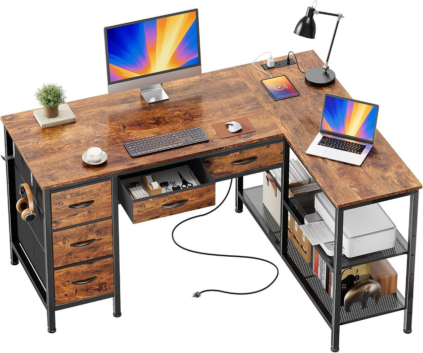 47 Inch L Shaped Desk with Power Outlets, 5 Fabric Drawers