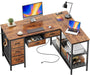 47 Inch L Shaped Desk with Power Outlets, 5 Fabric Drawers