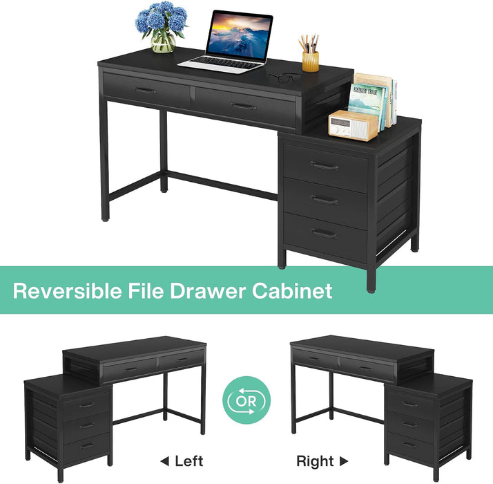 Computer Desk with 5 Drawers, Reversible Home Office Desks