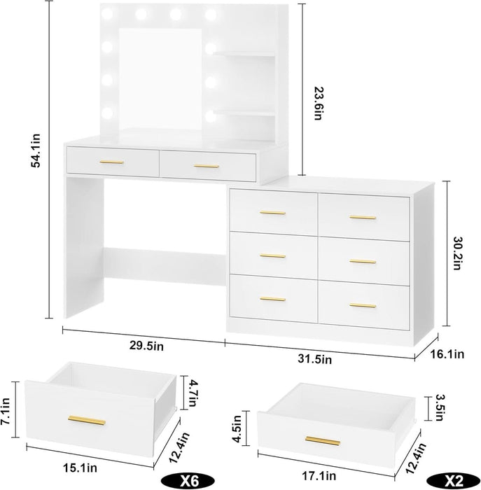 61" Vanity Desk with Mirror & Lights, White Makeup Dressing Table with 8 Drawers & 2 Shelves, 3 Lighting Modes with Adjustable Brightness for Bedroom, White