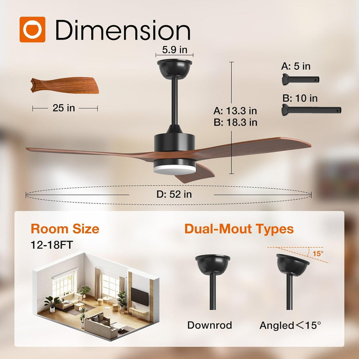 2 Pack 52 Inch Ceiling Fans with Lights, Black Ceiling Fan with Light and Remote Control, Reversible, 3 Wood Blades, 6 Speeds, 3CCT Dimmable, Noiseless, Wood Ceiling Fan for Indoor/Outdoor Use