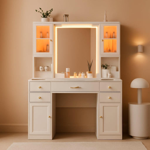 White Makeup Vanity Desk with Mirror and Lights, Large Vanity Table Set with Charging Station, Dressing Table with RGB Cabinets, Makeup Vanity Mirror with Light Desk and Drawers, 3 LED Light Modes