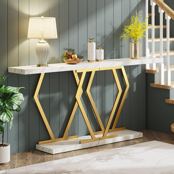 70.9 Inch Extra Long Sofa Table， White and Gold Console Table with Faux Marble Tabletop, Modern Long Entryway Table with Gold Frame