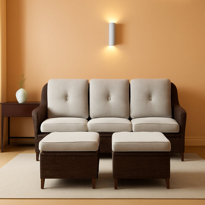 Patio Furniture Set 3PCS Conversation Set Wicker Sofa with 2 Rattan Ottomans Brown Wicker Beige Cushions Chrysanthemum Armest Rattan Couch Set for Garden Balcony Backyard Sunroom