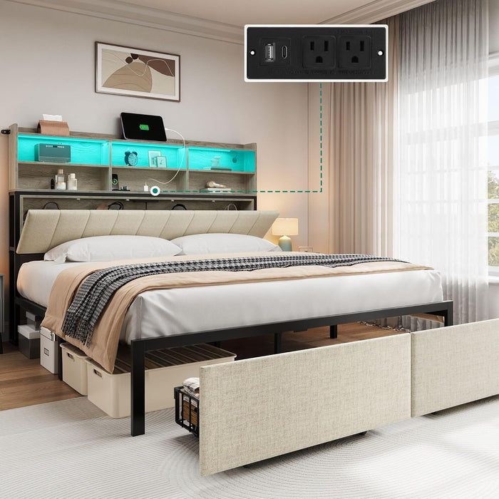 Queen Bed Frame with 2-Tier Storage Shelves and Bookcase Headboard,Led Light Queen Size Bed with Charging Station, No Box Spring Needed/Noise Free, Beige
