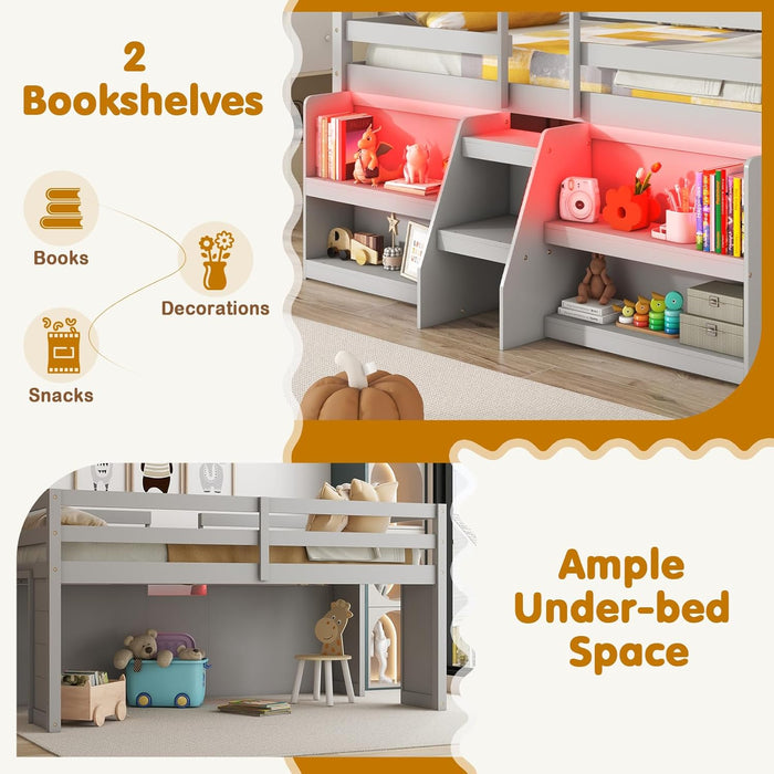 Twin Loft Bed with LED Lights, Wooden Loft Bed Twin Size with Stairs & Safety Guardrail, Low Loft Bed for Kids with Storage Bookcase and Under-Bed Play Space, Grey