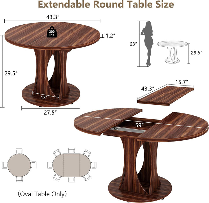 59" Extendable round Dining Table for 6-8, Kitchen Table with Sturdy Double Arc Base & Backboard Clasp Desktop, Mid-Century Modern Dinner Table, Kitchen Dining Room, Space Saving, Walnut