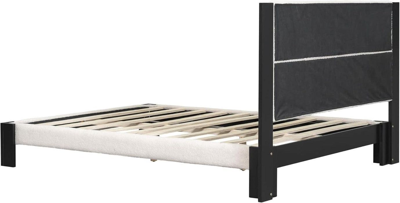 King Size Boucle Bed Frame with Square-Stitched Upholstered Headboard, Solid Wood Platform with Wood Slats, No Box Spring Needed, Beige and Black, Easy Assembly