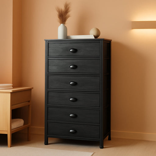 Tall Dresser with 6 Drawers,Vertical Bedside End Table & Chest for Bedroom,Black Storage Tower Dorm Nightstand with Fabric Drawer Organizer Unit Furniture in Living Room,Closet,Hallyway