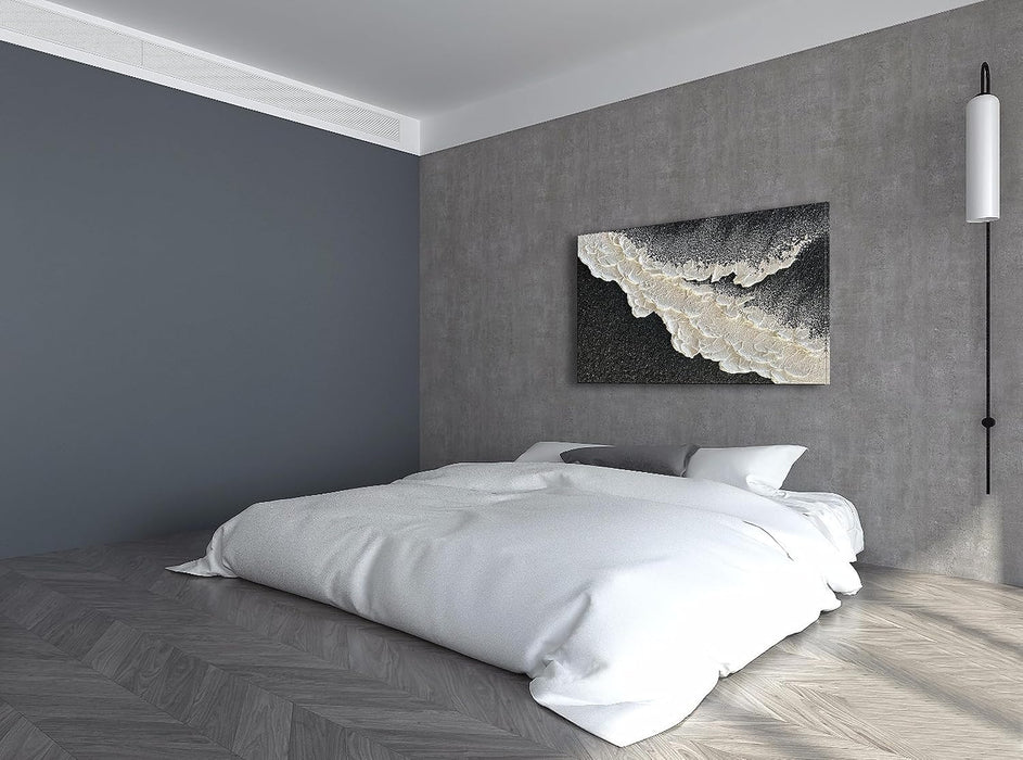 Handcrafted Thick Texture Black and White Abstract Canvas Art Ocean Wave Beach Landscape Oil Painting Home Wall Art Deco Oil Painting 24X36 Inches