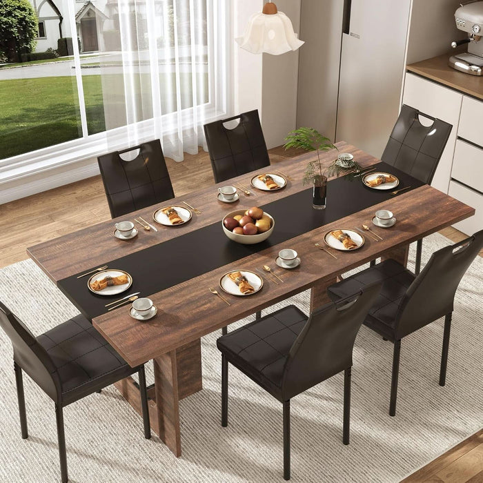7 Pieces Dining Table & Chairs Set for 4-8 People, 71 Inch Kitchen Table with 6 Chairs, Rectangle Dining Table with Wooden Legs for Dining Room, Living Room, Brown