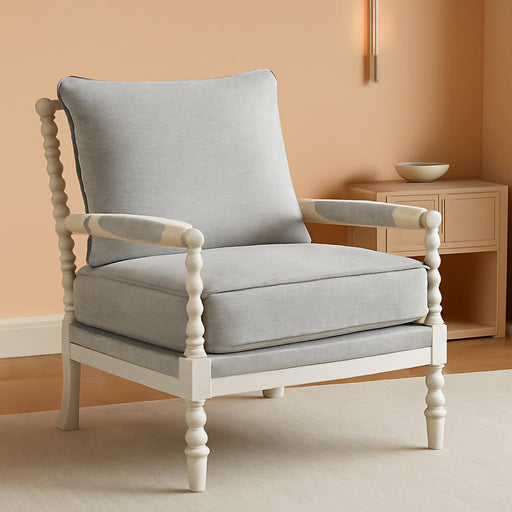 Kaylee Spindle Accent Chair with Antique White Wood Frame, Smoke Grey Fabric