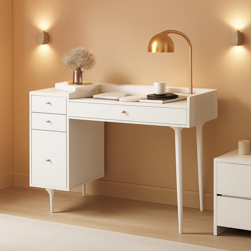 Daisy Vanity Dressing Table or Makeup Desk with 4-Drawers and Brass Accent Knobs, White Wood