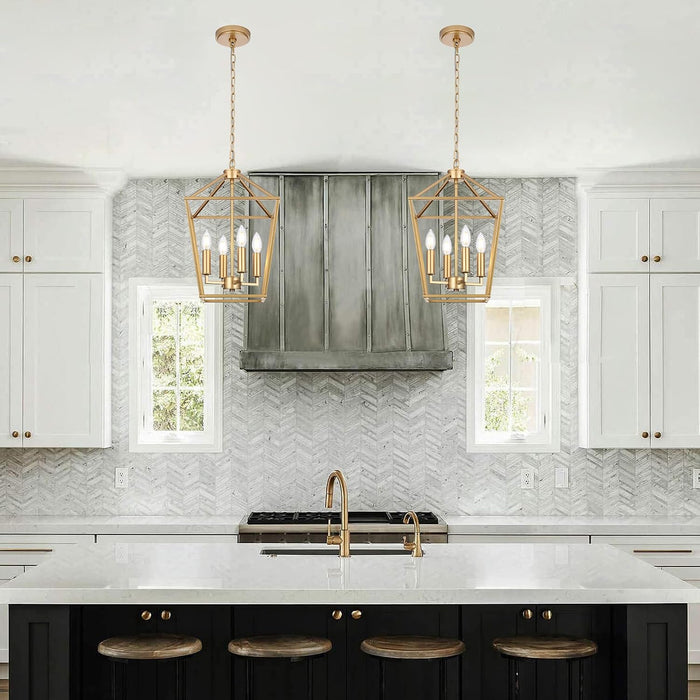 4-Light Gold Farmhouse Chandelier Iron Lantern Pendant Light
