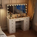 White Makeup Vanity Desk 9-Drawers Wood Dressing Table with 3 Mirrors, Glass Top, Hidden Storage Shelves, LED Bulb Light