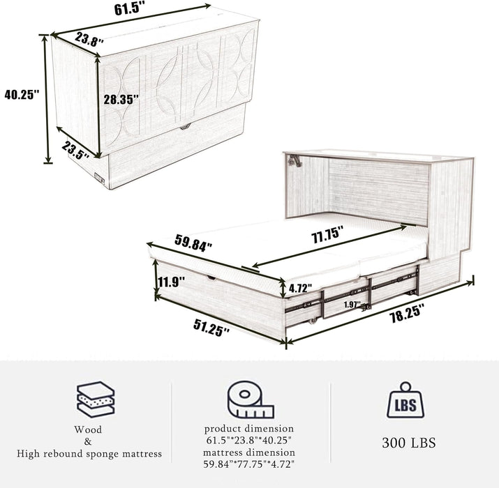Queen Size Murphy Bed Wall Chest with Oversized Drawers and Folding Foam Mattress,Wood Hideaway Cabinet Platform Bedframe W/Set of Sockets & USB Ports,Space-Saving,For Small Room,Gray