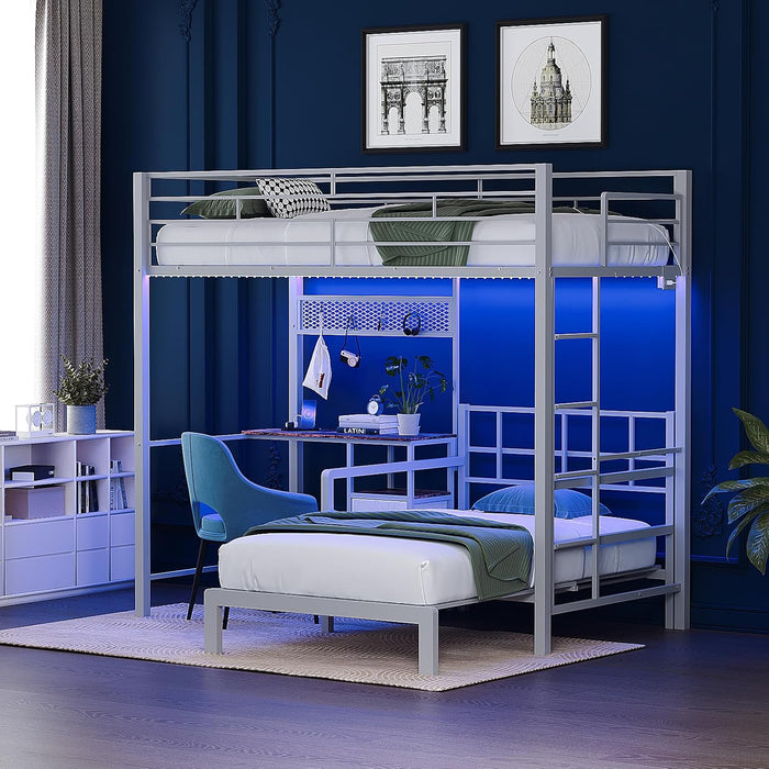 Twin over Twin Bunk Bed with Desk, 15'' Extra High Guardrail Loft Bed with LED Lights,2 Charging Station,And 2 Storage Drawers,2 Deckers Bed,Metal Space Saving Platform Bed with Vanity,White