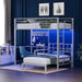 Twin over Twin Bunk Bed with Desk, 15'' Extra High Guardrail Loft Bed with LED Lights,2 Charging Station,And 2 Storage Drawers,2 Deckers Bed,Metal Space Saving Platform Bed with Vanity,White