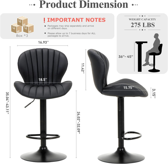 Bar Stools Set of 3, Adjustable Modern Swivel Bar Chairs, Faux Leather Upholstered Barstools Counter Height with High Backrest for Bar, Kitchen Island, Dining Room, Black